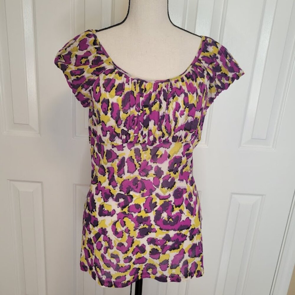 Karen Kane Purple Leopard Print Flutter Sleeve Top Size L Made in USA